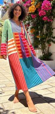 Beach or Leisure Colorful Striped Patchwork V-Neck Mid Sleeve Maxi Dress XL